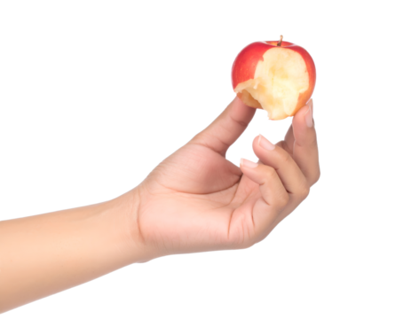 hand holding bite of japanese apple isolated on white background