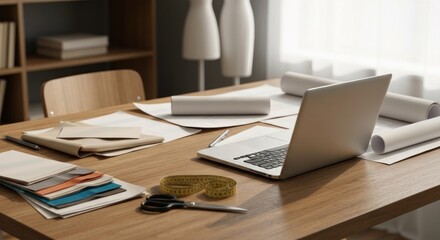 A designer's workspace, filled with design plans, fabric swatches, and tools
