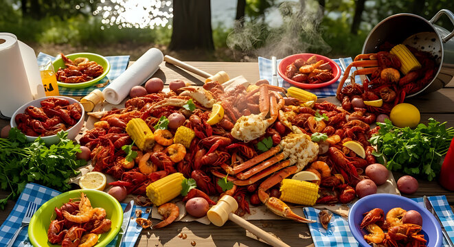 Celebrate summer with a delicious seafood boil featuring crawfish, shrimp, crab, and corn on the cob, perfect for a festive outdoor gathering with friends and family, a true southern tradition