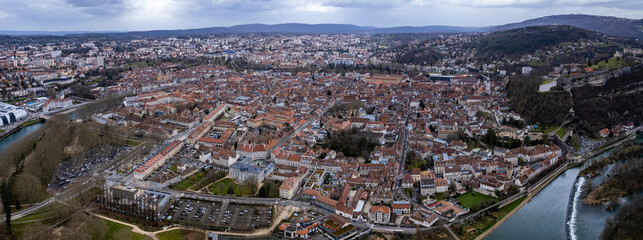 An aerial panoramic view around the old town of the city Besançon or Besancon in France on a sunny day in early spring