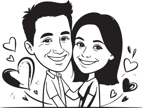 Eternal Bond: A sketch of a loving couple embracing, surrounded by hearts, captures the joy of togetherness, perfect for symbolizing love and commitment.