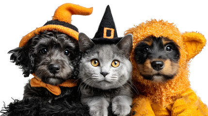 Real photo cut-out of Halloween pets in costumes, isolated on white background
