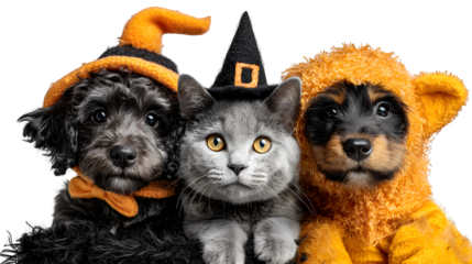 Real photo cut-out of Halloween pets in costumes, isolated on white background