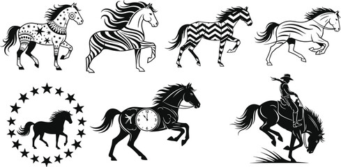 Creative stylized horse vector illustrations with patterns, celestial designs, clock elements, motion lines, and dynamic rider poses for decorative artwork
