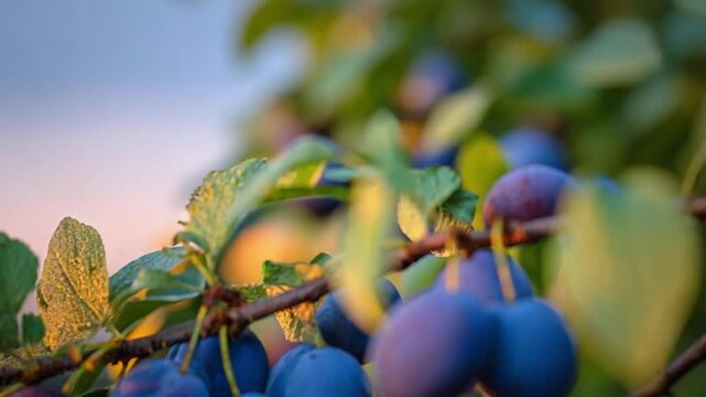 Blue plums hanging on a plum tree branch with green leaves.