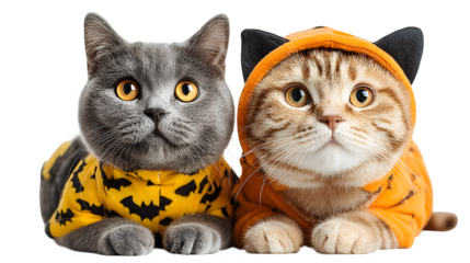 Real photo of Halloween cats dressed in costumes, isolated on white background