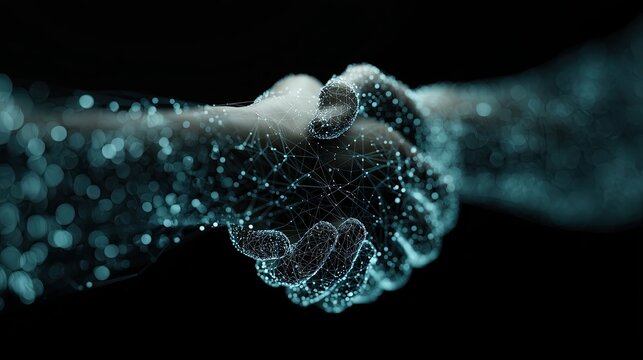 Digital handshake formed by connecting dots and lines. Abstract concept of global network, cyber security, fintech, and digital partnership.