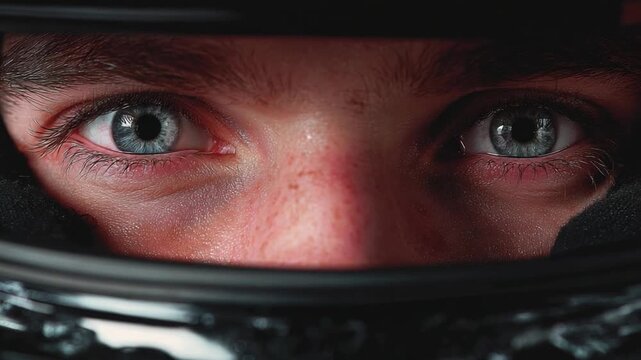 Focused Gaze: Close-up of a race car driver intensely focused through the visor, showcasing determination and the thrill of speed, ideal for conveying a sense of action and competition.