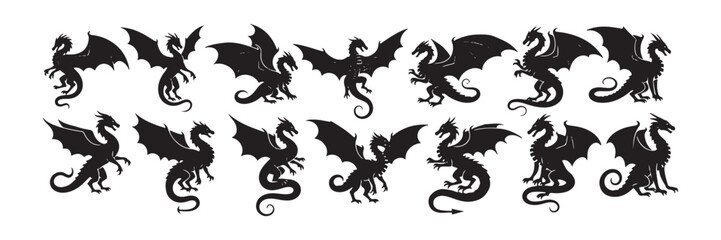 Naklejka premium Collection of vector dragon silhouettes on a white backdrop