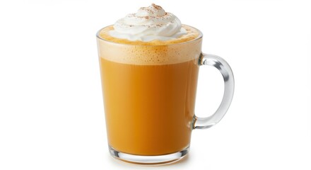 Coffee latte with whipped cream and cinnamon in a glass mug on white background