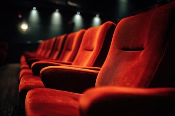 Rows of red velvet movie theatre seats