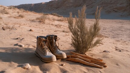 Dusty Desert Scene with Trail Boots and Sticks in a Arid Landscape