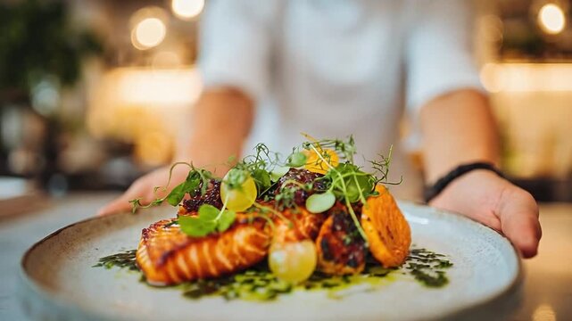 Chef presenting a plated gourmet seafood dish featuring lobster tails, leafy greens and vegetables.