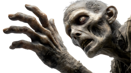 Scary zombie character with decayed skin and haunting pose, isolated on white background