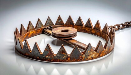 Rusty bear trap with sharp triangular teeth and chain on reflective surface, symbolizing danger and entrapment.