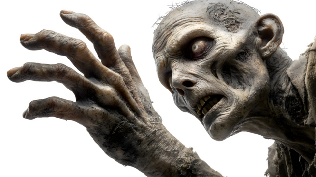 Scary zombie character with decayed skin and haunting pose, isolated on white background
