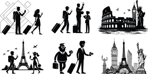 Travel and tourism vector silhouettes with people carrying luggage, taking photos, world landmarks illustration including Eiffel Tower, Statue of Liberty, Big Ben