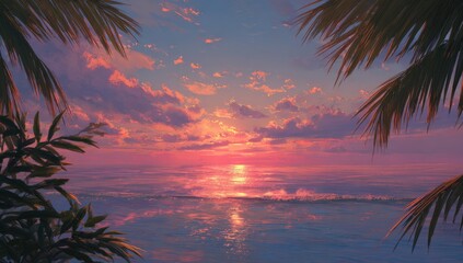 Tropical sunset vista framed by palm fronds