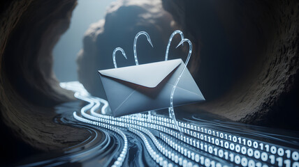 Phishing email attack with hooks and binary code stream in dark cave