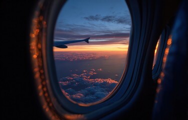 Airplane window view of sunrise over clouds