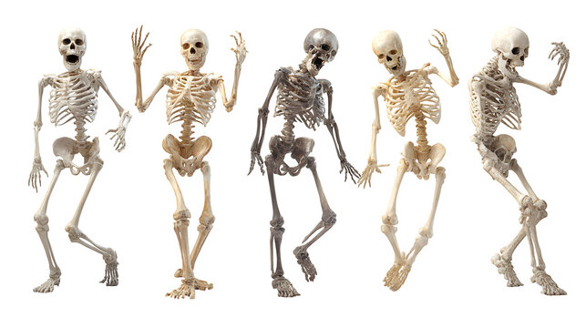 Set of Halloween skeletons in spooky poses, AI generated, isolated on white background