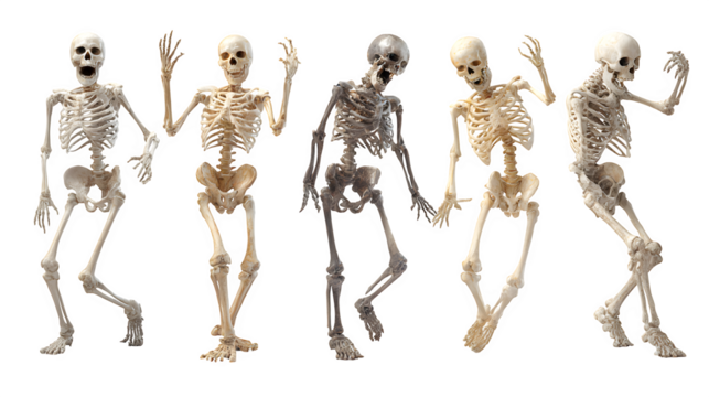 Set of Halloween skeletons in spooky poses, AI generated, isolated on white background