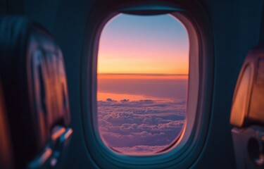 Airplane window view of sunrise over clouds (1)