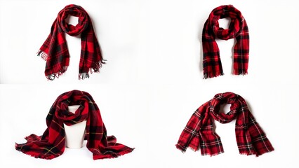 Four different plaid scarfs on a white background cartoonish depth figure colorful style scene creative layers emotion motion gesture expression backgrounds illustration composition
