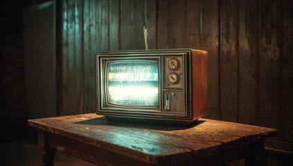 Vintage TV on a rustic wooden table in a dimly lit room