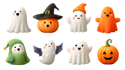 Set of cute Halloween ghosts with pumpkins and hats, AI generated, isolated on white background