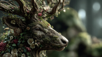 Elegant deer sculpture entwined with flowers, moss, and wood textures. A surreal blend of nature and fantasy in fine detail