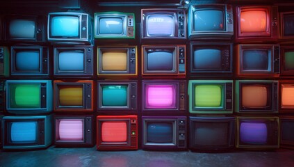 Retro TVs in vibrant neon colors on a wall