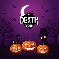 Three jack-o'-lanterns illuminate a haunted night landscape, featuring a title graphic of "Death Digath" against a backdrop of dark purple twilight.