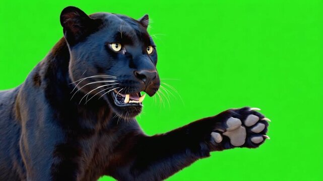 A black panther with yellow eyes growls and raises its paw against a green screen background animal green screen video