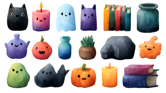 Set of cute doodle-style Halloween decorations, watercolor pastel, isolated on white background