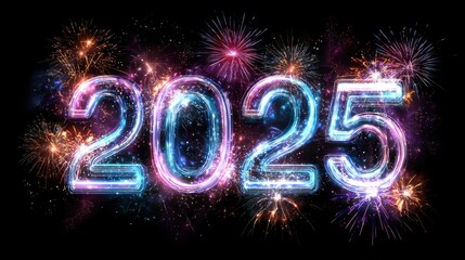 Colorful Fireworks Display Welcoming the Year 2025 with Bright Neon Numbers and Sparkles on a Dark Background