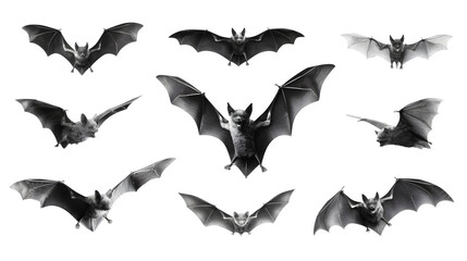 Set of flying black bats in eerie dynamic patterns, isolated on white background