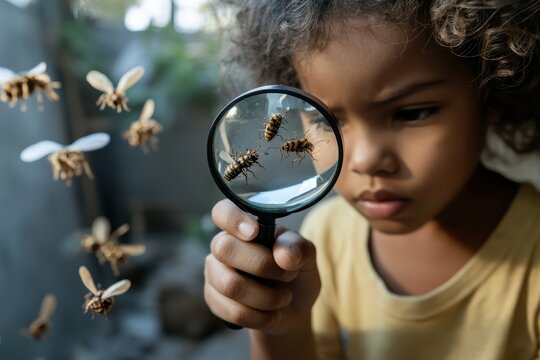Child observing bees with a magnifying glass in a garden on a sunny day