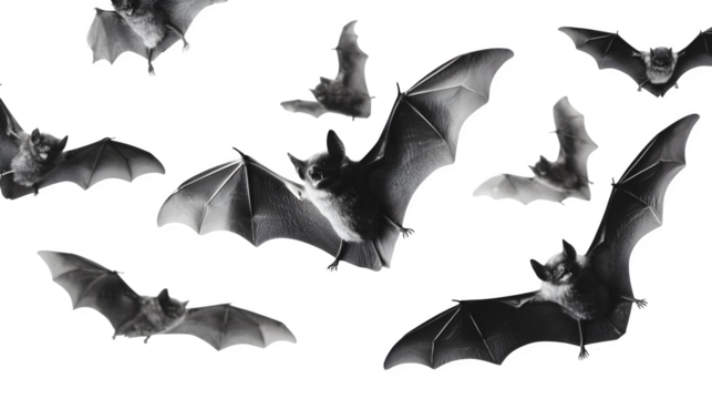 Set of flying black bats in eerie dynamic patterns, isolated on white background