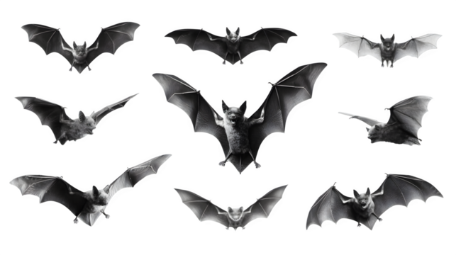 Set of flying black bats in eerie dynamic patterns, isolated on white background