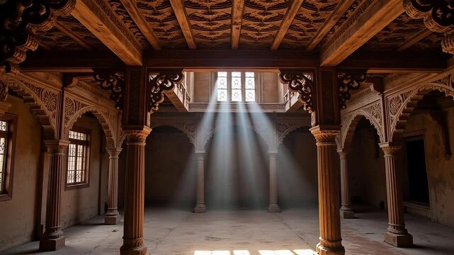 Sunlight streams through ornate architectural details of an ancient Indian palace interior, evoking a sense of history and tranquility.