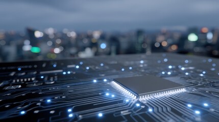 Detailed Digital Circuit Layout Design with Glowing Elements in Futuristic Urban Environment