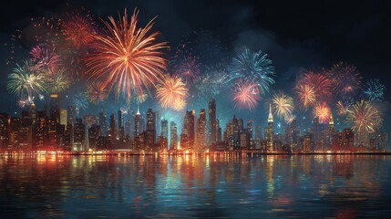 Fototapeta premium Spectacular Nighttime City Skyline Illuminated by Colorful Fireworks Over Water with Reflections