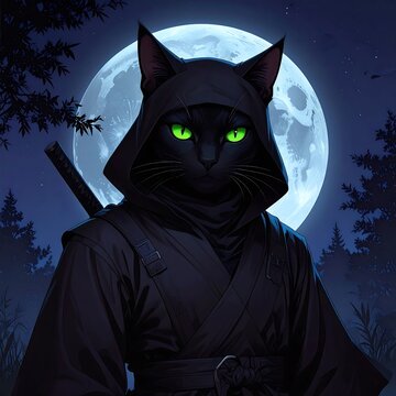 A black cat ninja in a dark forest