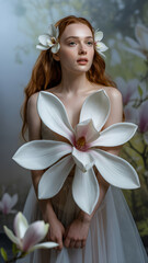 Naklejka premium Redhead model posing with magnolia flowers in artistic photoshoot