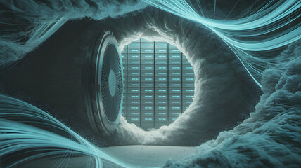 Vault door opening to server room with data stream, cloud computing concept