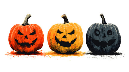 Set of three carved Halloween pumpkins in full color, silhouette, and line art, isolated on white background