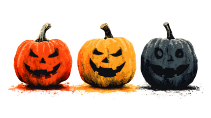 Set of three carved Halloween pumpkins in full color, silhouette, and line art, isolated on white background