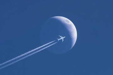 Airplane beneath a crescent moon