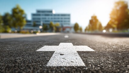 City street road with cross symbol